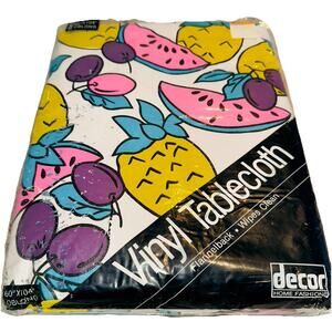 NEW Vintage 1990s Neon Fruit Thick Vinyl Tablecloth 60'x 104" Oblong Flannelback